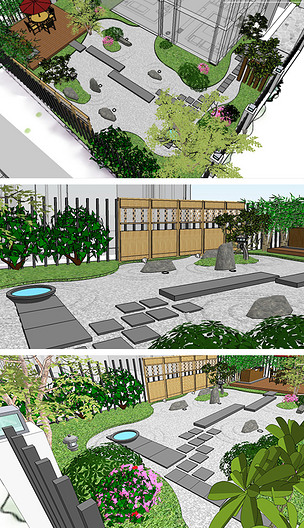 日式風(fēng)格庭院枯山水景觀設(shè)計(jì)9套SU模型下載-編號(hào)19007380-景觀小品